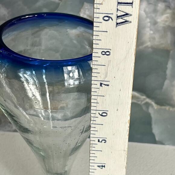 Mexican Hand Blown Cobalt Blue Rim Water Beer Pilsner Goblets 7.75” Tall - Picture 3 of 7